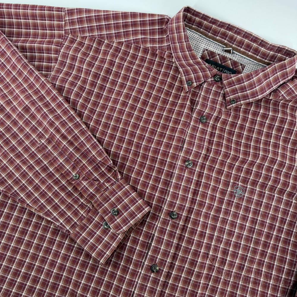 Ariat Pro Nicco LS Shirt Mens XXL Burgundy Plaid Performance Button Down Rodeo